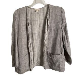 Eileen Fisher Womens Linen Blend Open Front Jacket M Grey Plaid Minimalist